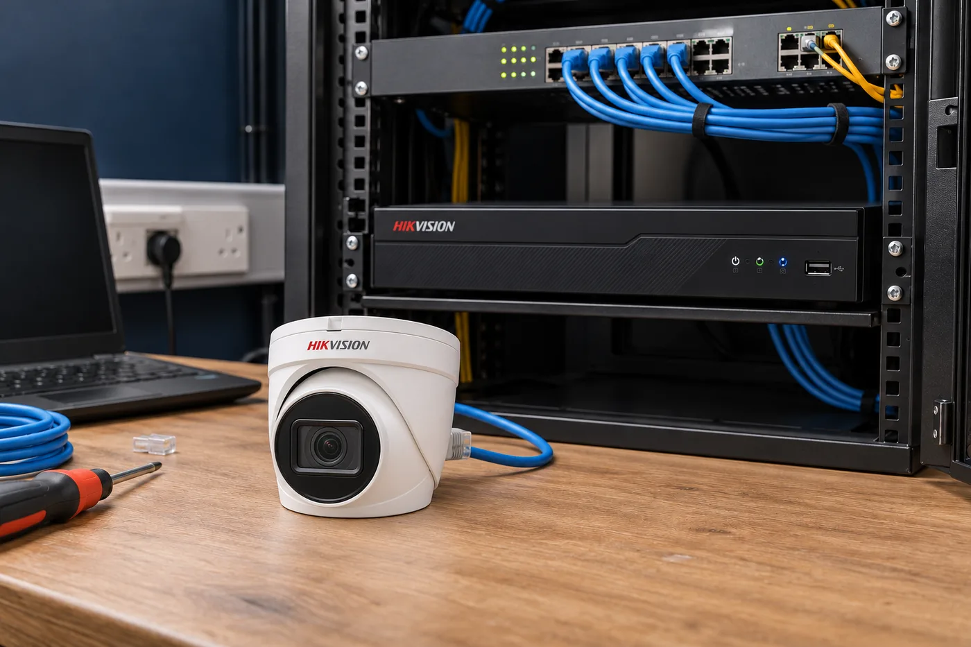 Representación generada de una cámara IP y un grabador NVR Hikvision en un entorno de instalación técnica.