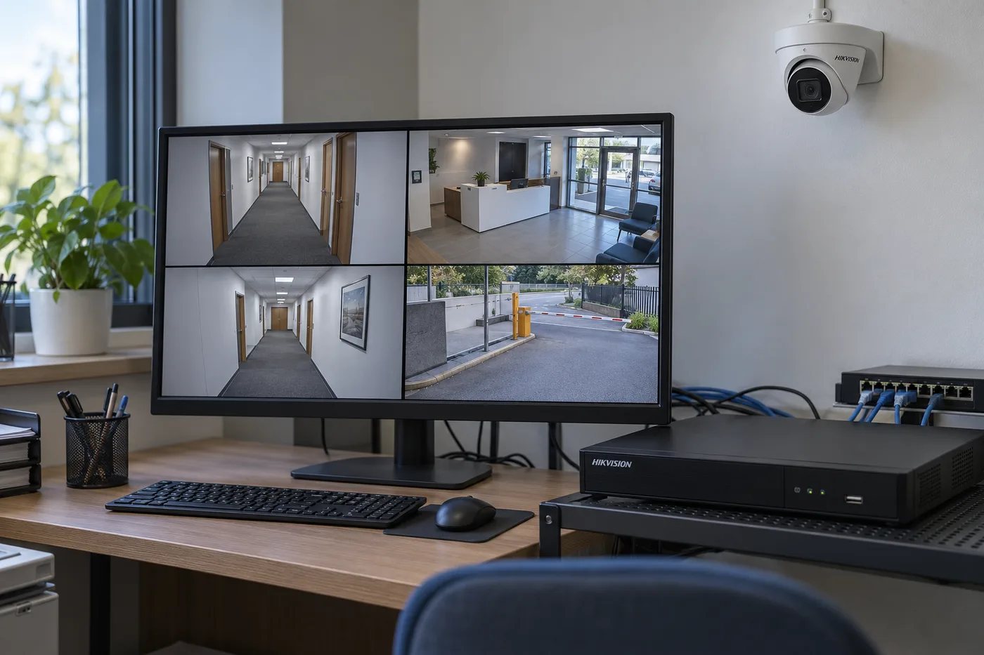 Representación generada de una estación de monitoreo con cámara y grabador Hikvision, sin personas ni datos privados.