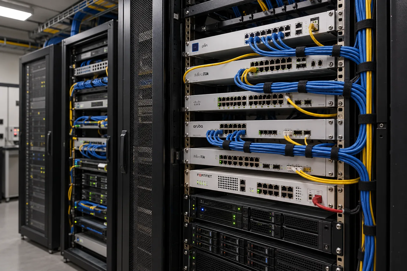 Representación generada de infraestructura de red con equipos multimarca y cableado organizado.