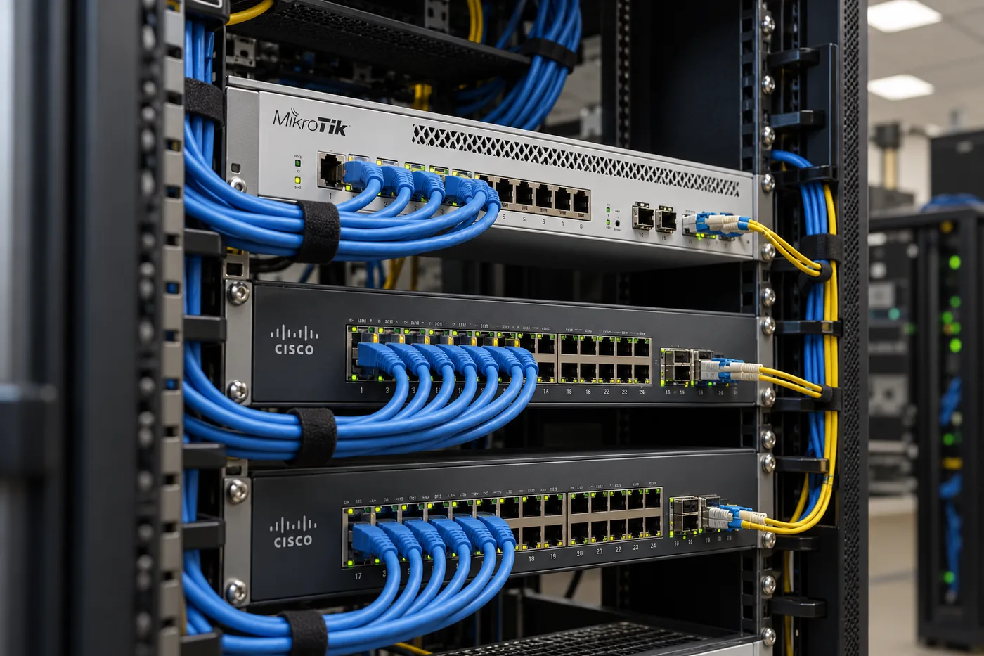 Representación generada de un gabinete con routing MikroTik, switches Cisco y conexiones de red.