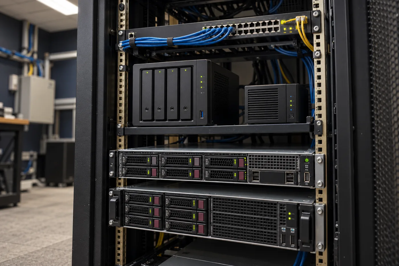 Representación generada de servidores de rack y almacenamiento NAS en una sala técnica.