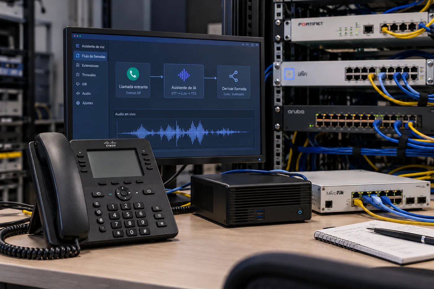 Representación generada de un laboratorio VoIP con PBX y asistente de IA.